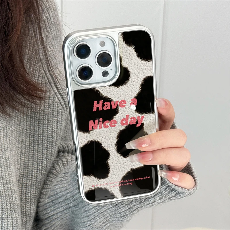 Funda de teléfono con textura de cuero "have un buen día" con estampado de vaca para iPhone11/12/13/14/15/16/43 Pro Max AIR PLUS - imagen 4