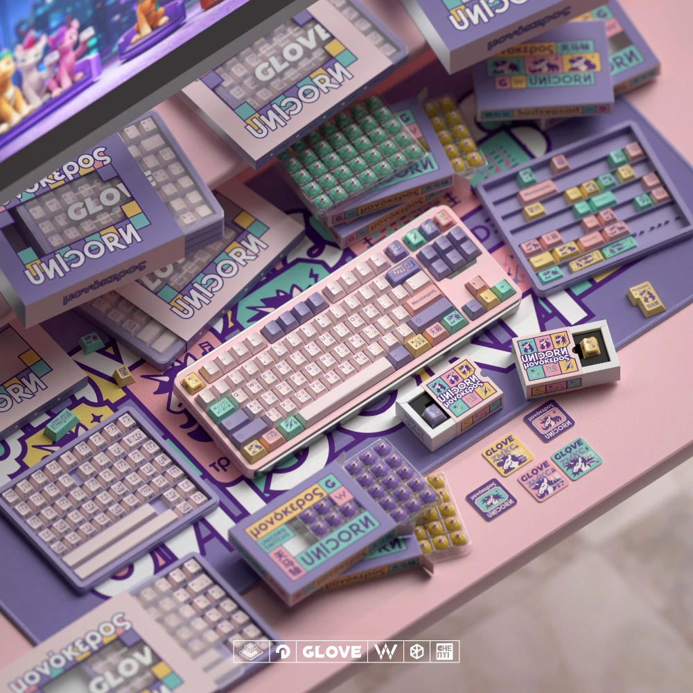 Glove Domikey juego de teclas con tema de unicornio, tapa de teclado bonita personalizada, PBT, perfil de cereza, accesorios de teclado mecánico - imagen 4