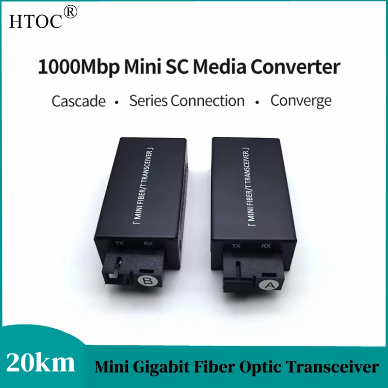 HTOC 1 par Gigabit 100/1000M A/B SC interruptor de fibra Ethernet convertidor de medios Rj45 transceptor óptico 20KM interruptor de fibra
