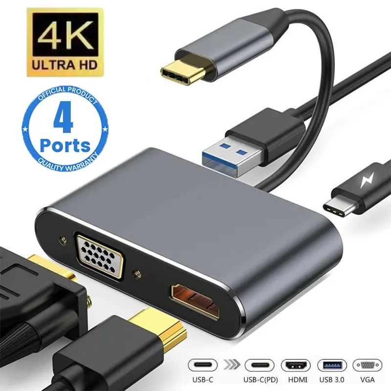 Concentrador de red USB tipo C 3,0, Adaptador 4 en 1 a 4K, HDMI, HDTV, VGA, USB 3,0, PD, divisor de carga rápida para MacBook, Notebook, ordenador portátil
