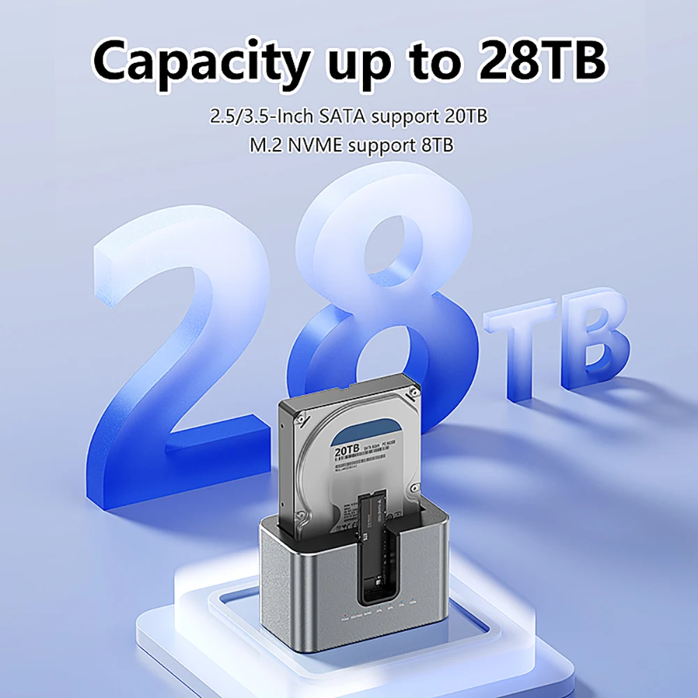 Caja HDD de doble bahía, estación de acoplamiento, clon sin conexión SATA a USB 3,0, carcasa externa de disco duro para HDD de 2,5/3,5 pulgadas, M.2 NVME SSD - imagen 5
