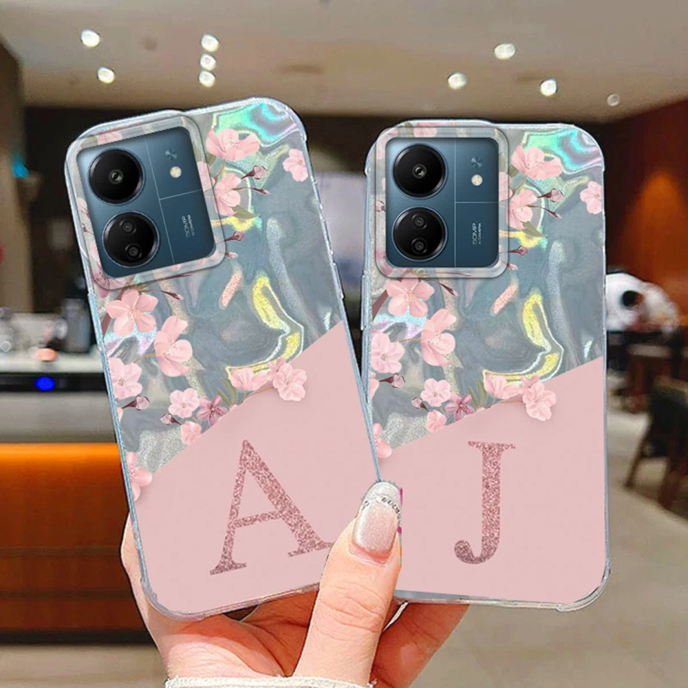 Funda con letra inicial A Z para Xiaomi Redmi 13C 14C A3 A3X A5 Poco C71 C75 C65 C61 funda trasera de silicona con flores rosas - imagen 3