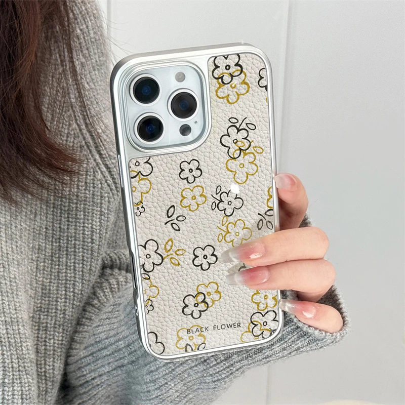 Funda de teléfono con textura de cuero y flores negras ins para iPhone11/12/13/14/15/16/20 Pro Max AIR PLUS - imagen 3
