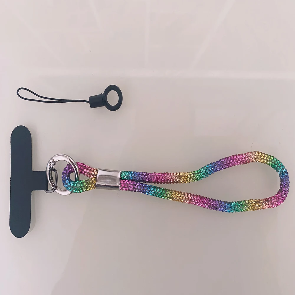 Correa de muñeca corta para teléfono móvil, colgante de diamantes de imitación, cordón completo, Correa colorida de lujo, Correa antipérdida - imagen 5