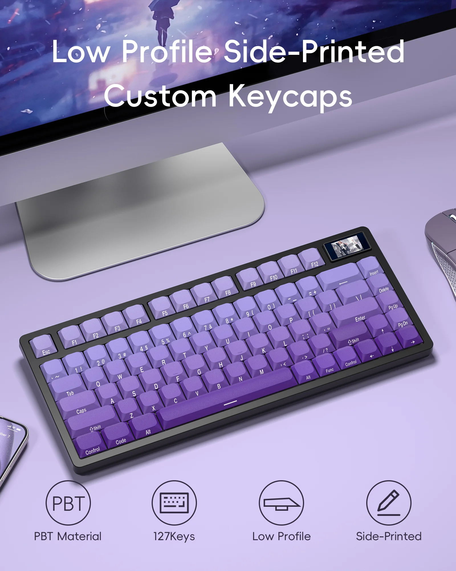 XVX-teclas de perfil bajo para teclado mecánico, accesorio morado, MX PBT, Dye-Sub, impresión lateral, Compatible con 61/64/75/87/96/108 - imagen 5