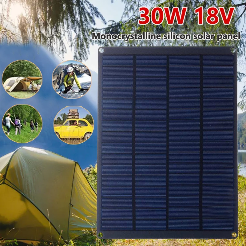 Panel Solar de 30W y 18V con Clip de batería, Banco de energía de celda Solar portátil para exteriores, carga de teléfono, suministros de energía móviles para acampar