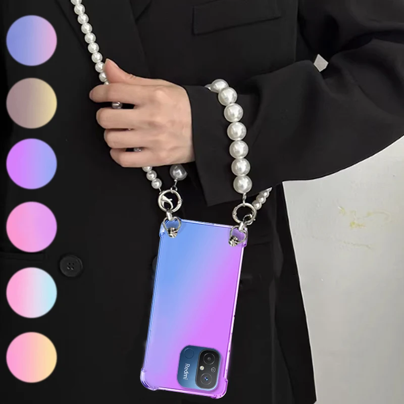 Funda de pulsera de perlas para Redmi 12C, funda con cordón cruzado para Redmi 12, 10C, 10A, 10X, 9I, 9C, 9T, 8A, 7, 6pro, gradiente transparente