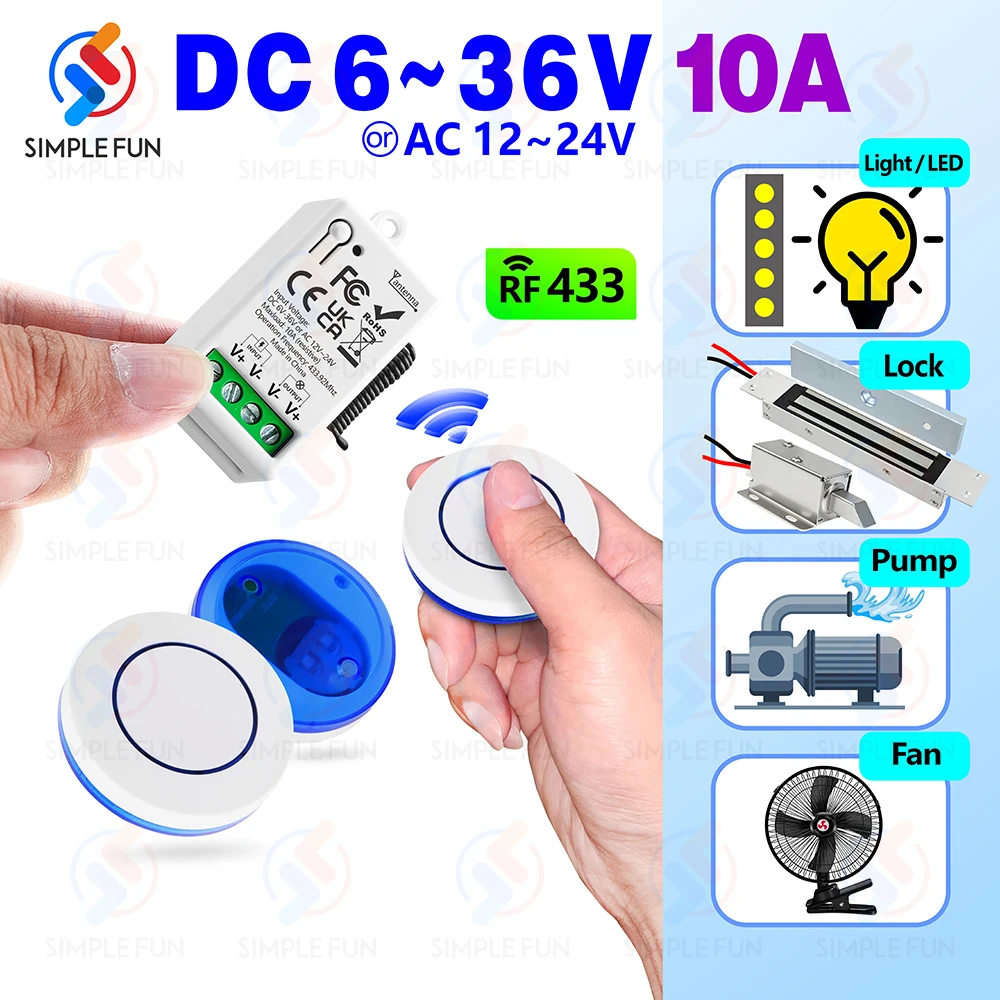 433Mhz DC 12V interruptor de luz de control remoto inalámbrico DC 6V-36V 10A receptor de relé 50m de alcance, para bombas LED ventilador cerradura magnética ON OFF - imagen 2