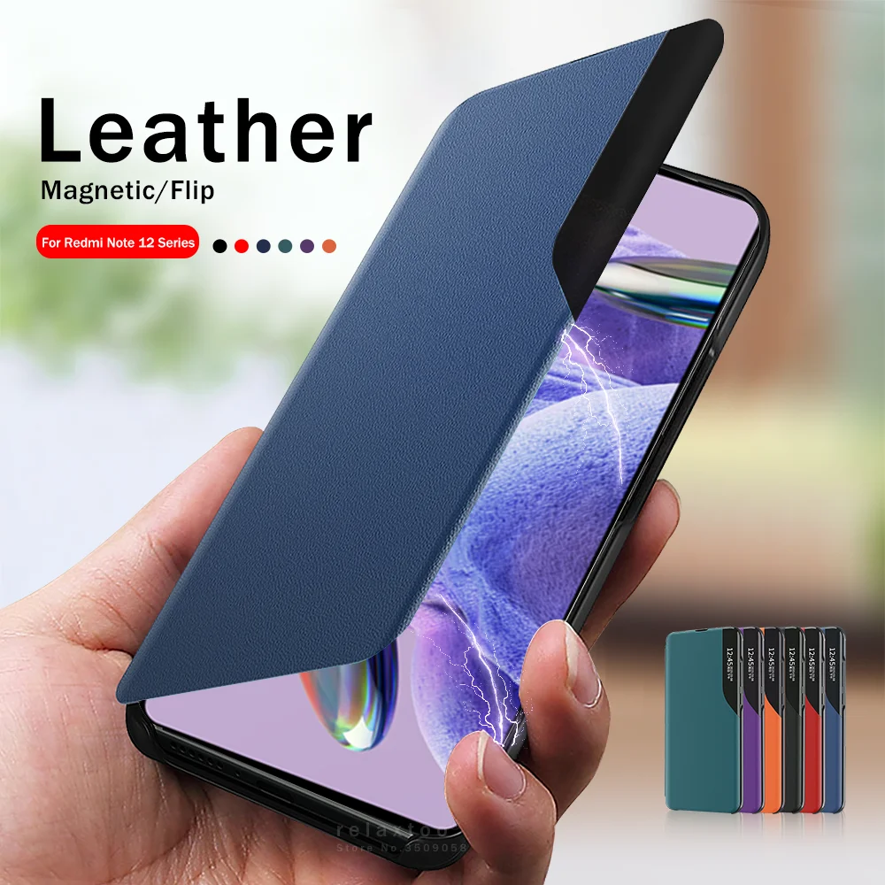 Funda de cuero con soporte magnético para Xiaomi Redmi Note 12 4G, carcasa con tapa para ventana inteligente, Redmy Note 12 Pro + Pro Plus 5G