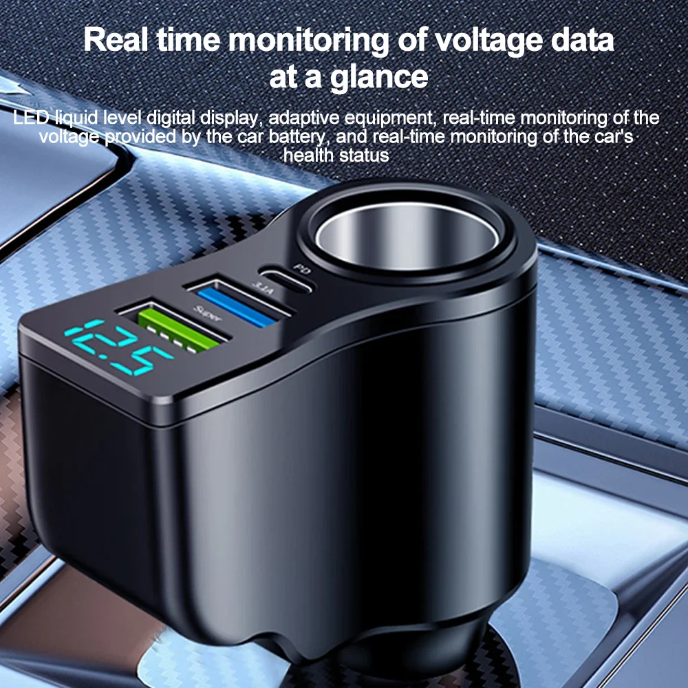 Cargador de coche 4 en 1 de 66W, divisor de enchufe de carga súper rápida, cargador de coche USB tipo C, pantalla Digital de voltaje para iPhone y Huawei - imagen 4