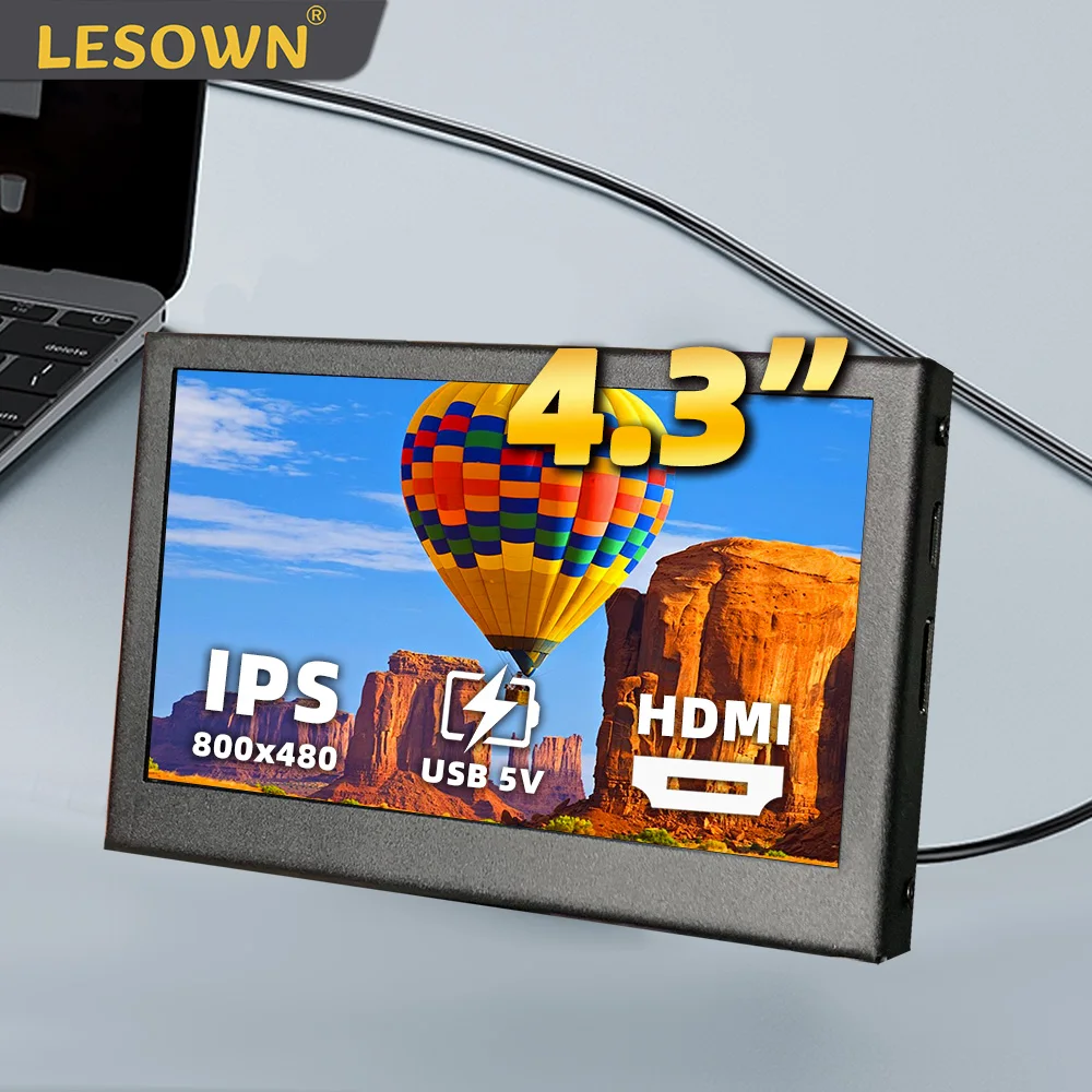 LESOWN Monitor portátil IPS de 4,3 pulgadas 800 × 480 pantalla lateral compacta Monitor de tamaño de palma pantalla HDMI USB para Raspberry Pi 4B +/3B +/Zero