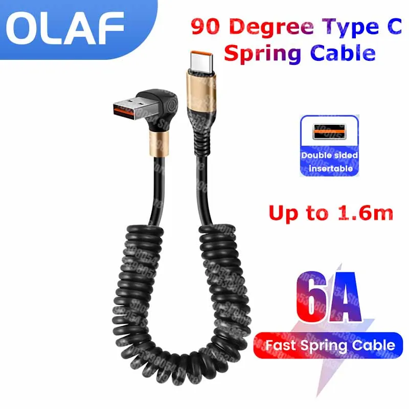 Cable de resorte tipo codo de 90 grados, Cable de datos USB tipo C 6A para Samsung, Xiaomi, Huawei, cargador de teléfono telescópico para coche, Cable USB C