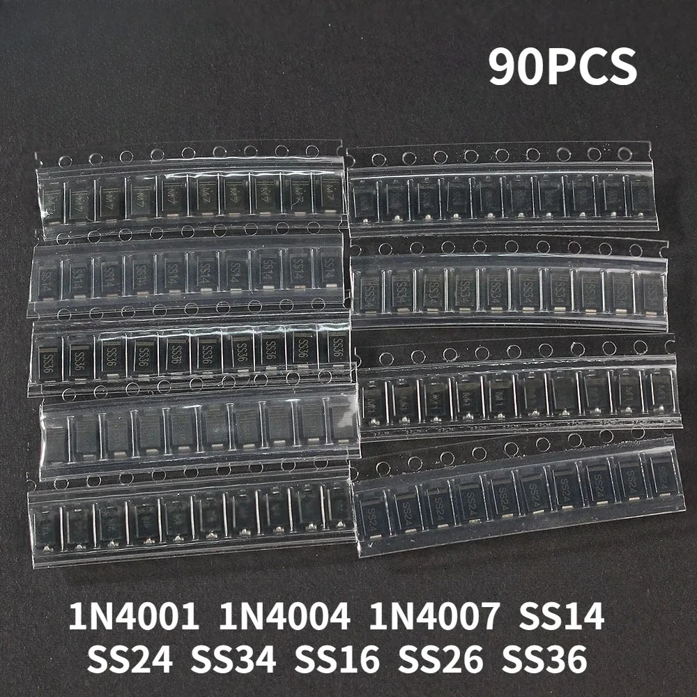 90 Uds Kit de diodos SMD 9 valores X10 Uds 1N4007 1N4001 1N4004 SS14 SS16 SS24 SS26 SS34 SS36 juego surtido de diodos rectificadores SMD - imagen 4
