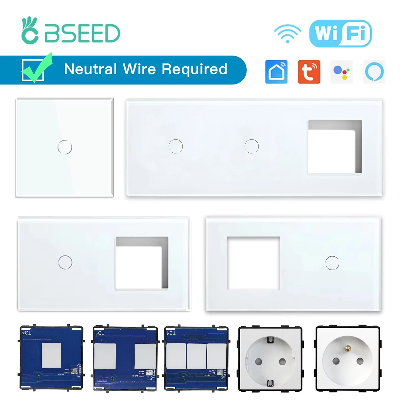 BSEED Wifi 1/2/3Gang Touch interruptores inteligentes piezas de función Tuya Smart Life App Compatible con enchufe de la UE paneles frontales de vidrio repuestos - imagen 2