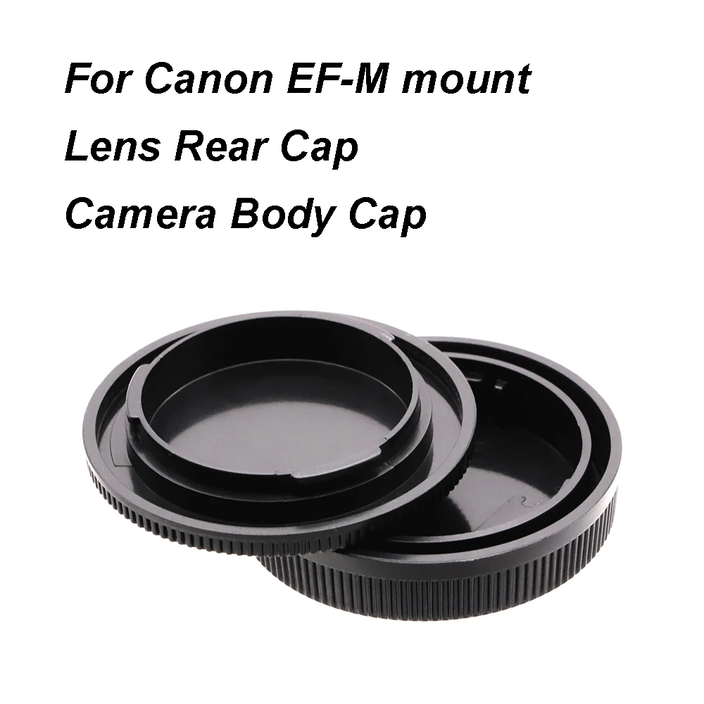 Para Canon EOS EF-M EFM tapa trasera de lente o tapa del cuerpo de la cámara o juego de tapas tapa de lente negra de plástico tapa con logotipo para M5 M6 M50 M200