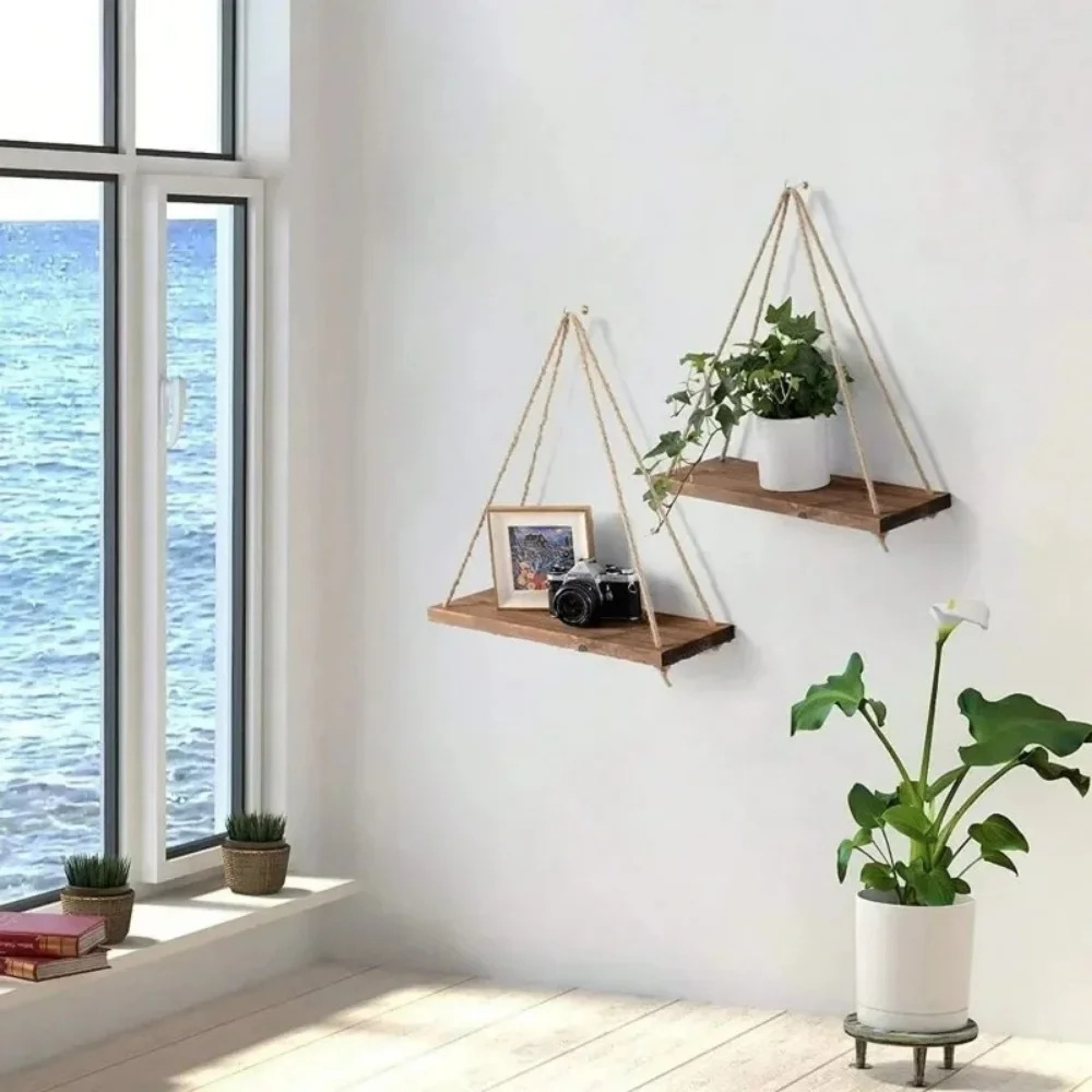 Estantes flotantes montados en la pared con cuerda colgante de columpio de madera de primera calidad, maceta para plantas, decoración interior y exterior, diseño simple - imagen 3