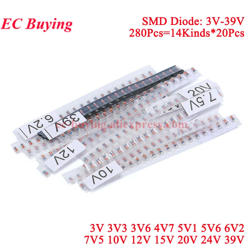 Kit surtido de diodos Zener, 280 UDS-55 Uds., bricolaje, SMD DIP 3V ~ 39V 3V-9.1V 10V ~ 56V 1W LL34 1206 ZMM SM, paquete de componentes electrónicos - imagen 5