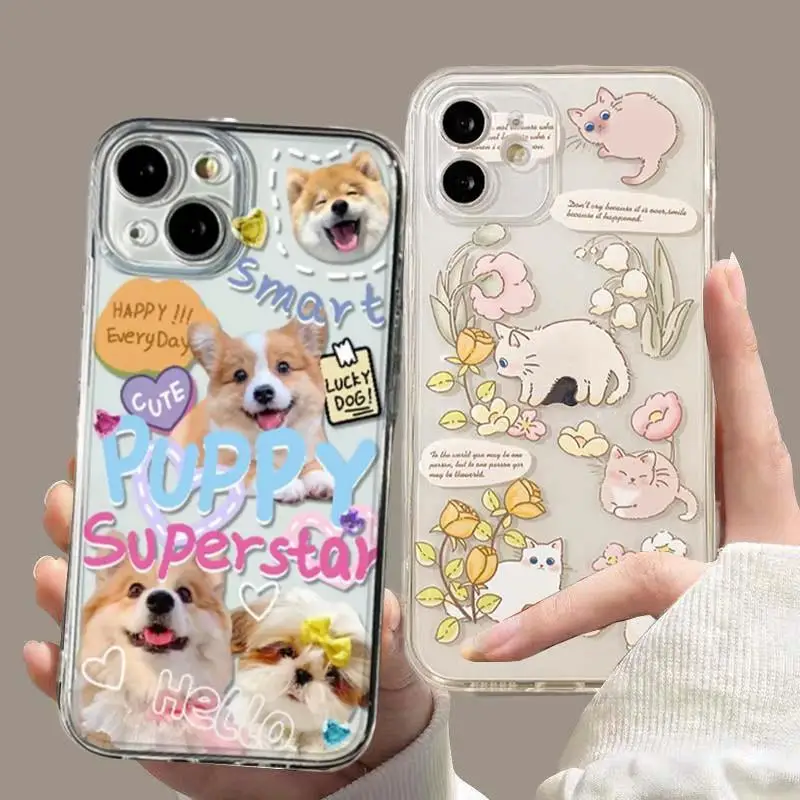 Funda de teléfono transparente con Gato adorable, carcasa coreana a prueba de golpes para IPhone 15, 11, 12, 13, 14 Pro Max, XR, X, XS, 7, 8Plus, SE