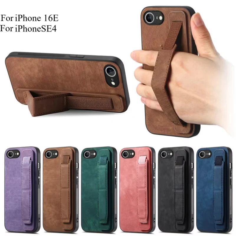 Funda con soporte de pulsera para IPhone 16E 16e, funda con soporte de silicona de cuero PU mate Retro para Iphone 16E SE4 2025