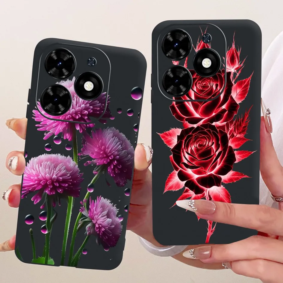 Funda para Tecno Spark 20 20C Go 2024, funda BG6 KJ5 KJ5n BG7n BG7, Fundas de silicona negra suave con flores a la moda para parachoques Tecno Pop 8 - imagen 2