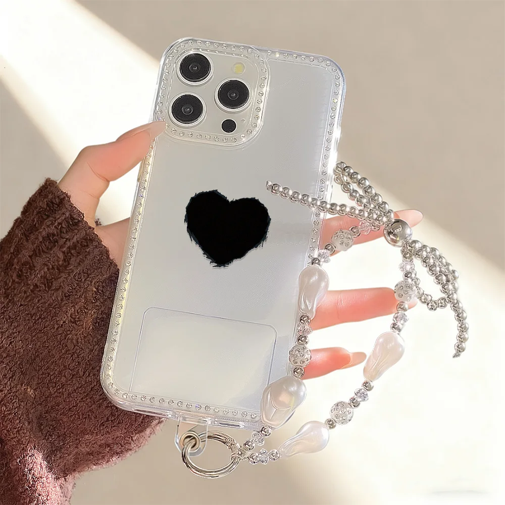 Funda de teléfono con cordón de diamante para iPhone 17 16 Pro Max 11 13 15 14 12 Air 17promax, Funda transparente a prueba de golpes con forma de corazón de amor