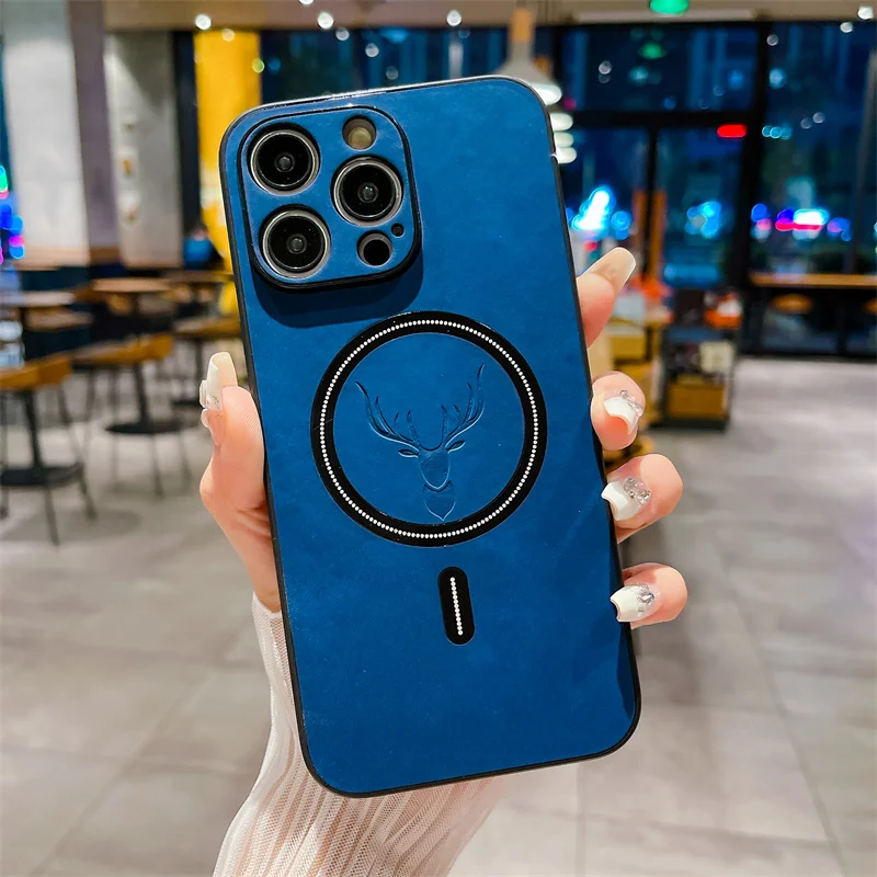 Funda de teléfono magnética de piel de cordero con cabeza de ciervo para iPhone 16 16E 15 14 Plus 13 12 11 Pro Max a prueba de golpes para funda trasera Magsafe