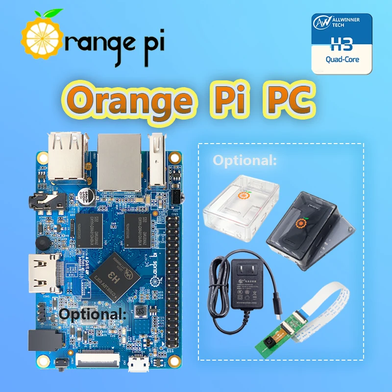Orange Pi PC H3 1GB caja negra/blanca, fuente de alimentación 5V3A tipo C UE/EE. UU., cámara de 2MP opcional soporte de cuatro núcleos Android,Ubuntu,Debian