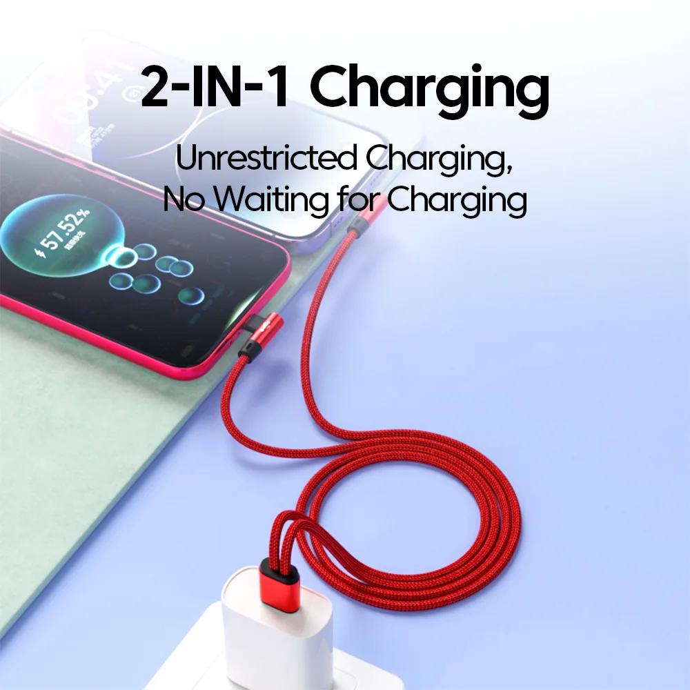 66W 2 en 1 USB A al cable dual tipo C de carga rápida 90 °   Cable Codo Para iPhone 15 Sumsung Huawei Xiaomi USB A USB C/Micro Cable - imagen 3