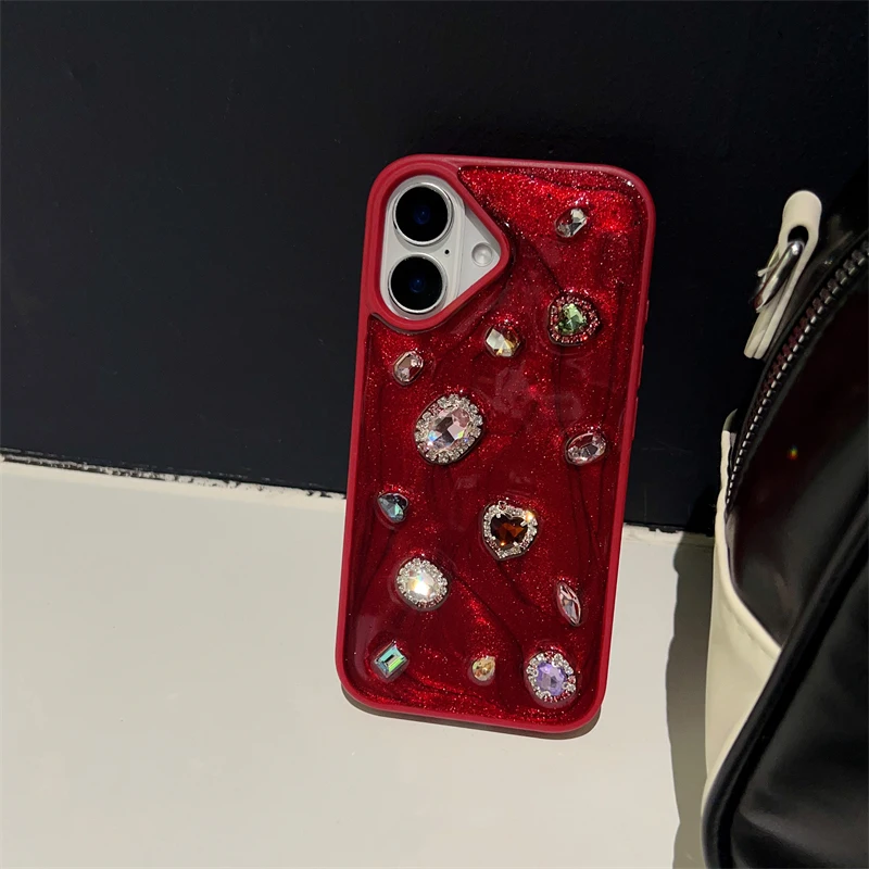 Funda de teléfono Diamond con diamantes de imitación y purpurina de lujo a la moda para iPhone 16 Pro Max 15 13 14 12 11 contraportada de silicona roja - imagen 4