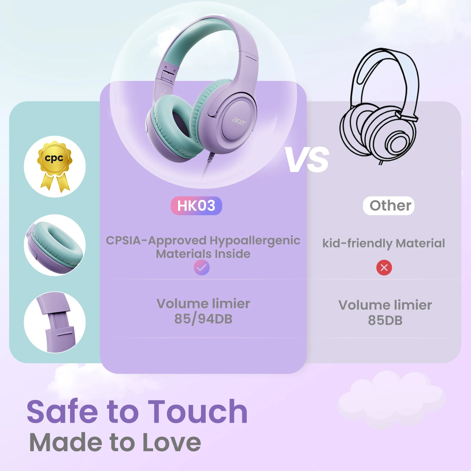 Acer HK03 Auriculares para niños Limitador de volumen seguro 94 dB, auriculares intrauditivos con conector de 3,5 mm para niños, adolescentes, niñas y niños, escuela - imagen 3