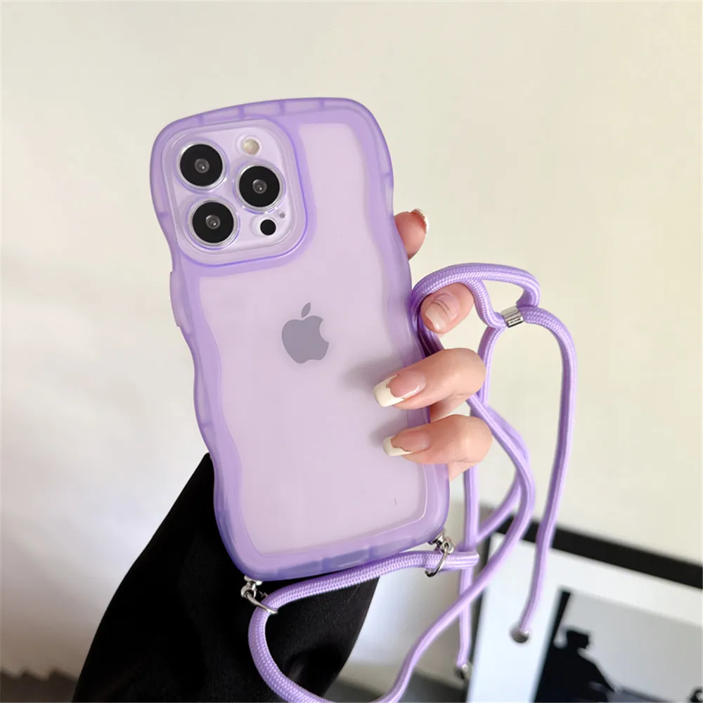 Lujosa funda de teléfono con correa, carcasa de silicona transparente con cordón y cadena de onda rizada para Samsung S22 Ultra S21FE S20FE S20 S21 Plus - imagen 5