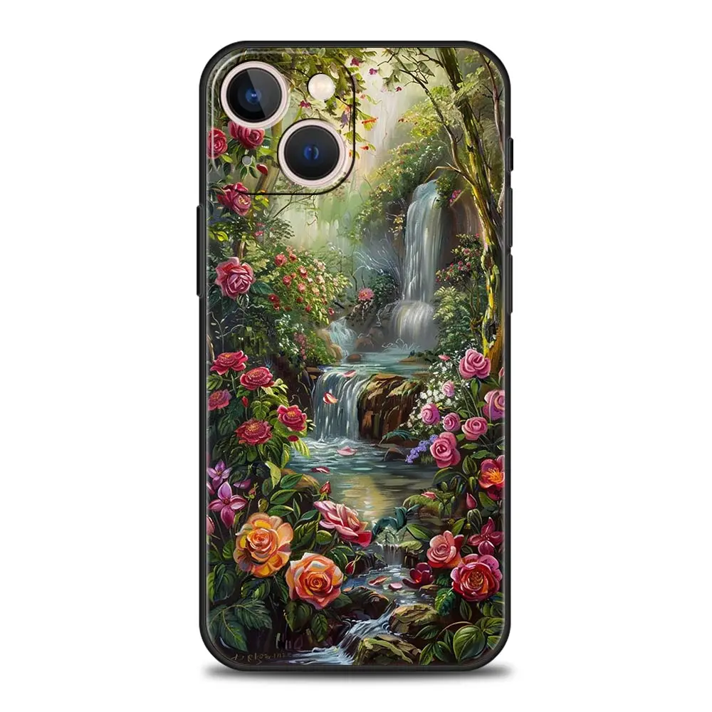 Funda de teléfono de lujo con pintura al óleo de flores para iPhone 16 13 15 14 12 11 Pro MAX XR X SE XS 7 8 Plus, funda suave de TPU a prueba de golpes - imagen 4