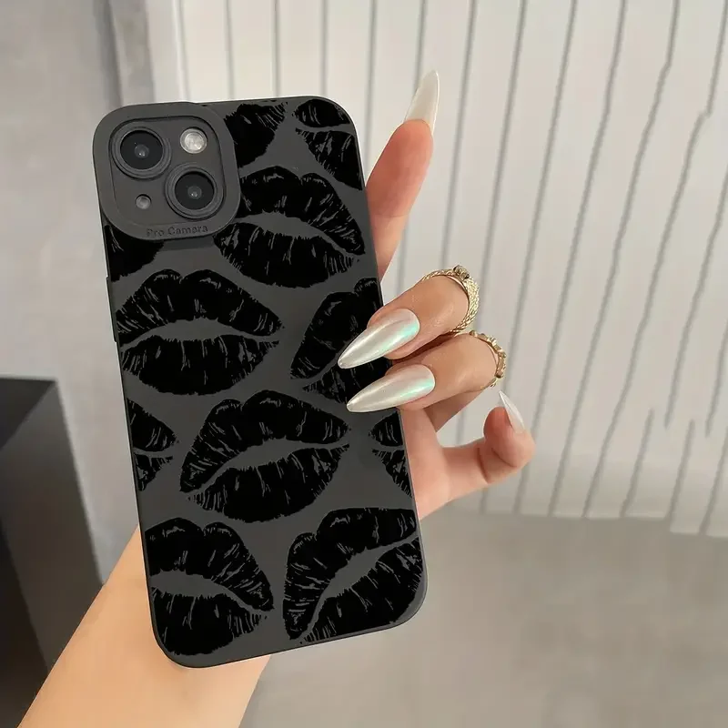 Funda de teléfono de silicona suave con estampado de beso de labios negros para iPhone 15 16 17 Pro Max 14 13 12 11 Pro Max 7 8 Plus SE2 X XS XR cubierta mate - imagen 3
