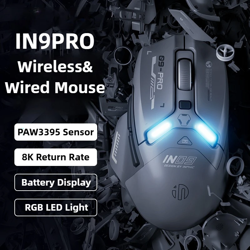 IN9 2,4G Bluetooth tipo C ratón inalámbrico/con cable efecto de iluminación RGB Sensor PAW3395 ratón recargable para escritorio portátil tableta - imagen 2