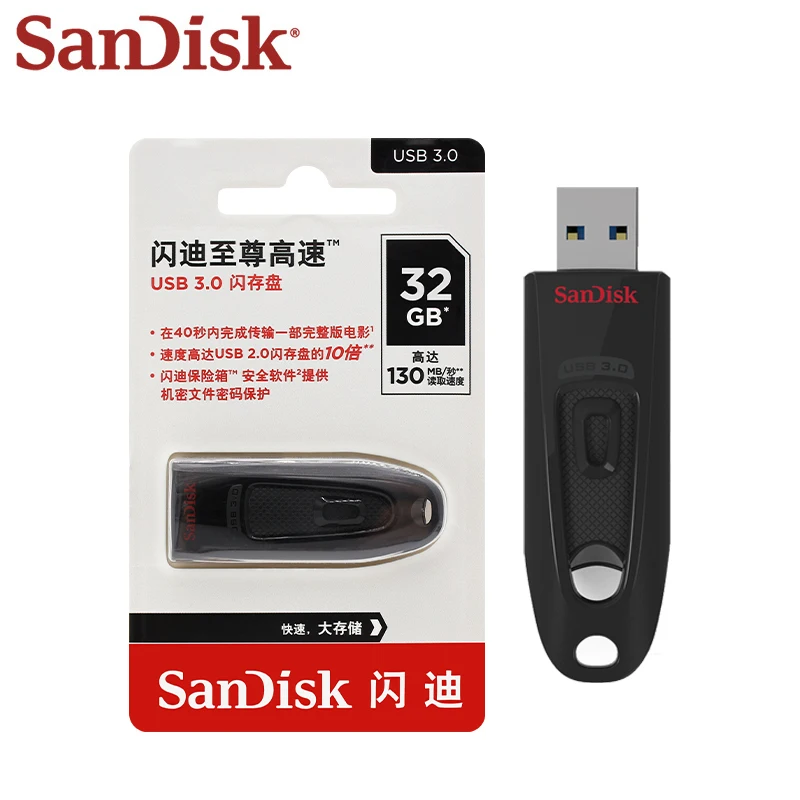 Unidad Flash SanDisk Ultra USB 3,0 16GB 32GB 64GB CZ480 Max 130Mb/s Pen Drive Memory Stick Original U Disk Pendrive para computadora