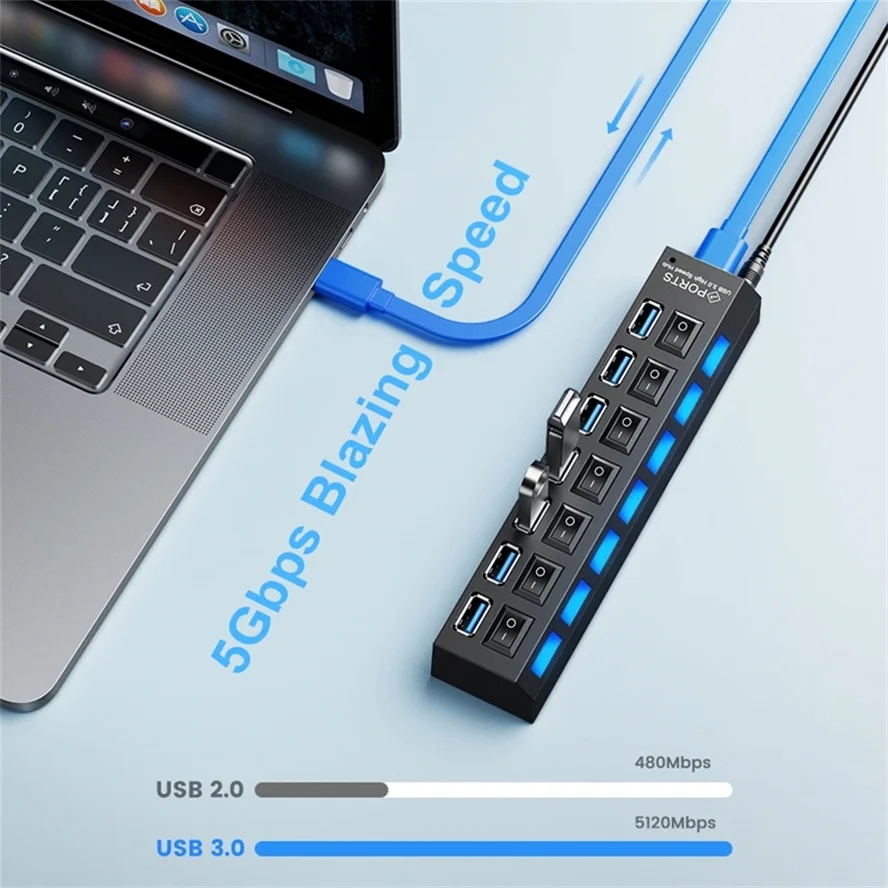 Adaptador expansor USB HUB 3,0 de alta velocidad, 4/7 puertos, divisor Multi USB, extensor múltiple con interruptor de lámpara LED para PC y portátil - imagen 5