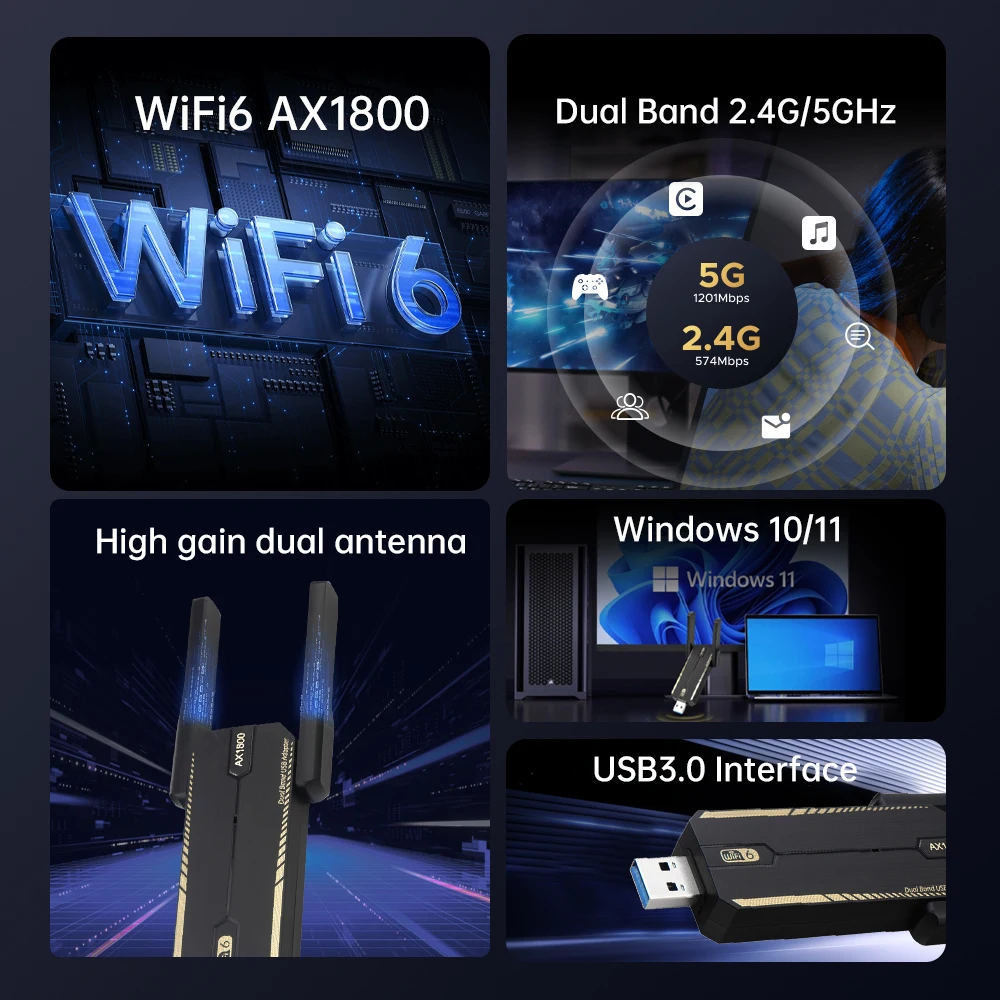 FENVI WiFi 6 adaptador USB AX1800 doble banda 2,4G/5Ghz receptor USB Dongle tarjeta de red tarjeta Wi-Fi inalámbrica para ordenador portátil Win10/11 - imagen 2