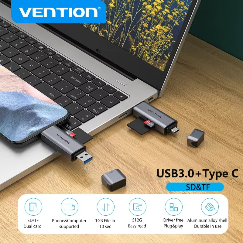 Vention USB 3.0 & USB C Card Reader Micro SD/TF Memory Card Reader for Laptop Smartphone Camera Dual Slot Adapter USB Devices