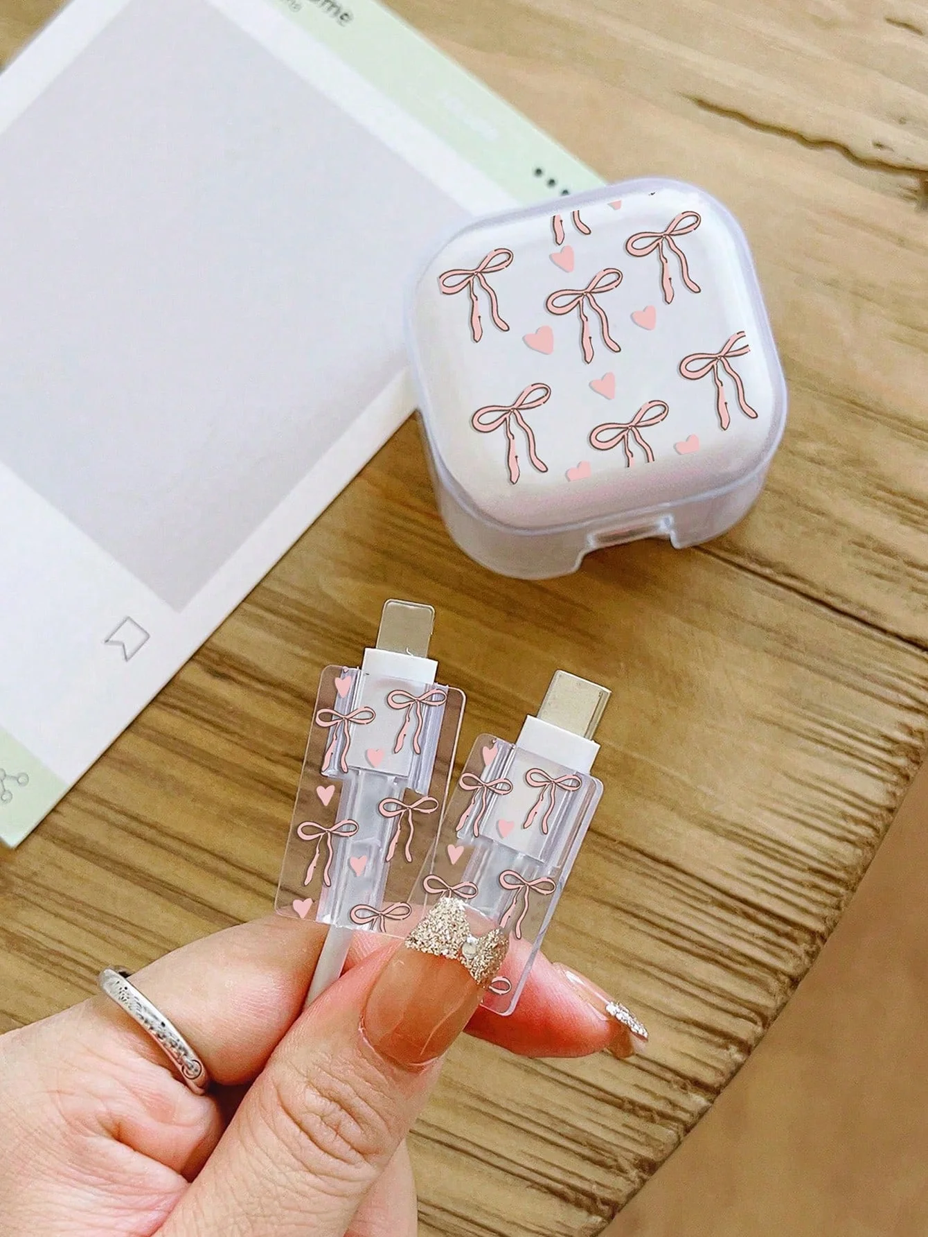 Juego de 3 piezas de Protector de cable con lazo rosa para iPhone, 20W, Reino Unido, HK, cargador, funda, organizadores de cables de teléfono - imagen 3