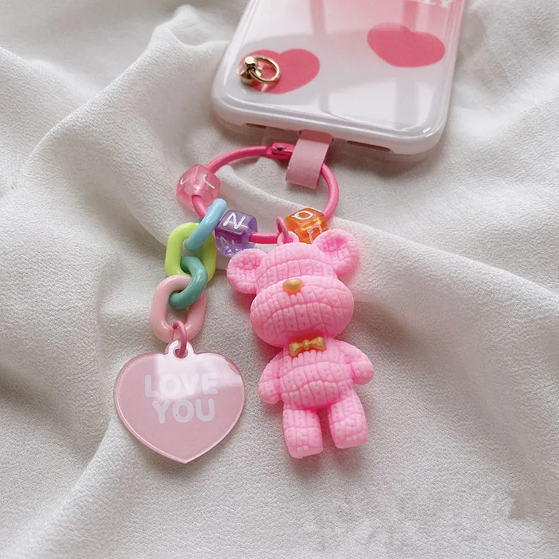 Cadena de teléfono colgante de flor de oso de dibujos animados para niñas, pulsera con dijes para teléfono móvil, Correa antipérdida, anillo colgante, llavero de joyería - imagen 5