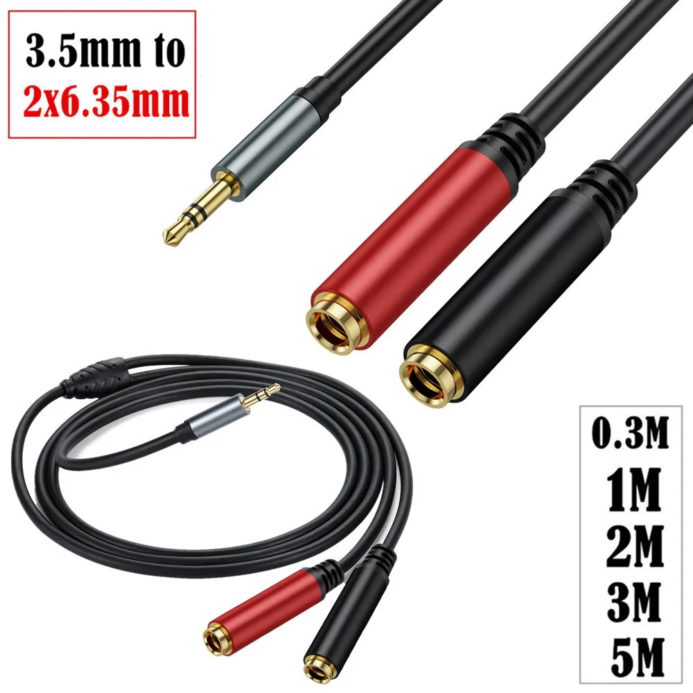 TRS estéreo macho de 3 polos de 3,5 mm a dos cables de conexión estéreo hembra TS de 6,35 mm (1/4 pulgadas), cable adaptador divisor en Y de 6,35 y 6,5 mm