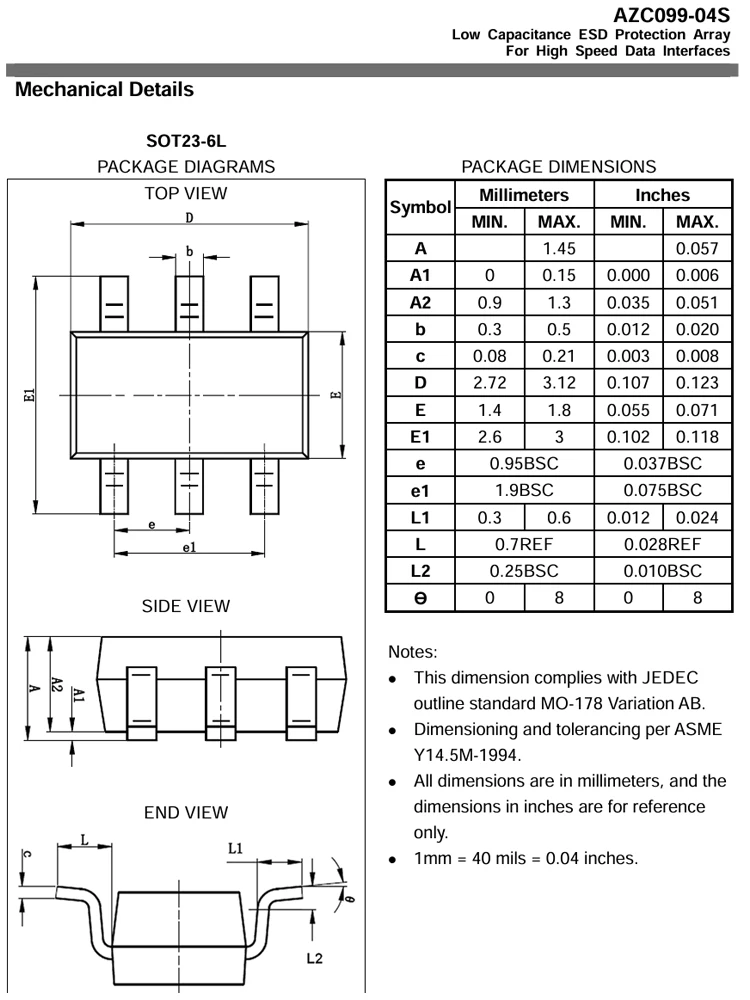 AZC099-04S-R7G-Código de AZC099-04S.R7G AZC099, protección estática y contra sobretensiones, C96 AZC099-04, SOT23-6 - imagen 2