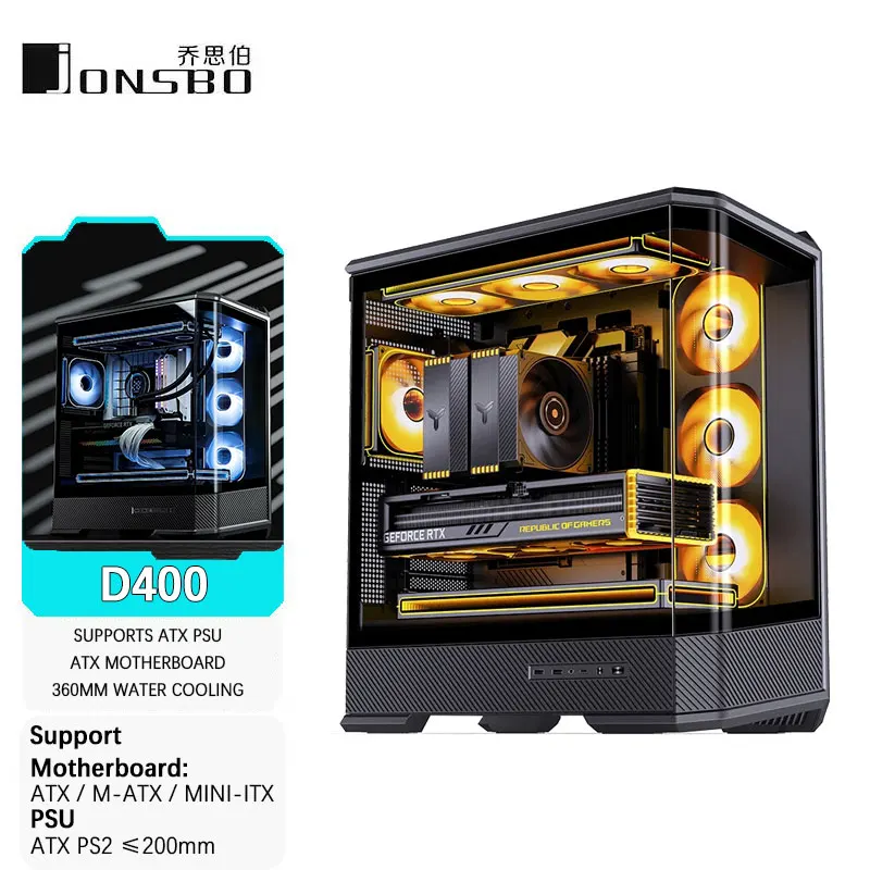 Chasis de habitación JONSBO D400 ATX Seaview (vidrio curvo sin columna/doble 360 ° Radiador/ATX PSU/10 ranuras para ventiladores/tipo-c Gen2 10Gbps+) Caja