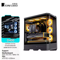 Chasis de habitación JONSBO D400 ATX Seaview (vidrio curvo sin columna/doble 360 ° Radiador/ATX PSU/10 ranuras para ventiladores/tipo-c Gen2 10Gbps+) Caja