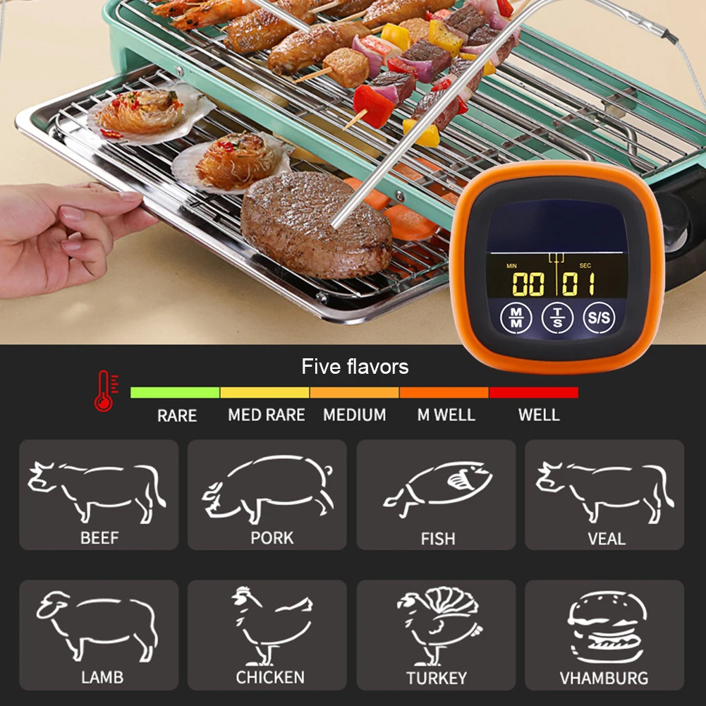Termómetro Digital para cocina y carne, pantalla táctil, resistente al agua, herramienta de medición de temperatura de alimentos para barbacoa y carne con 2 sondas para asar - imagen 3