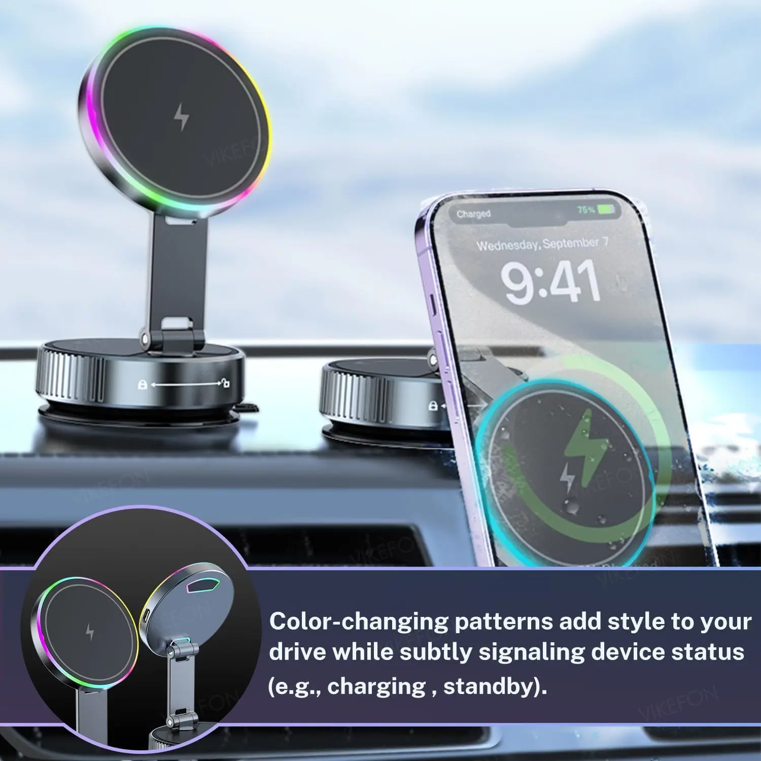 Soporte de teléfono para coche con cargador inalámbrico de refrigeración con luz RGB de respiración soporte de succión magnética para teléfono móvil para iPhone 12-17 Pro Max - imagen 3