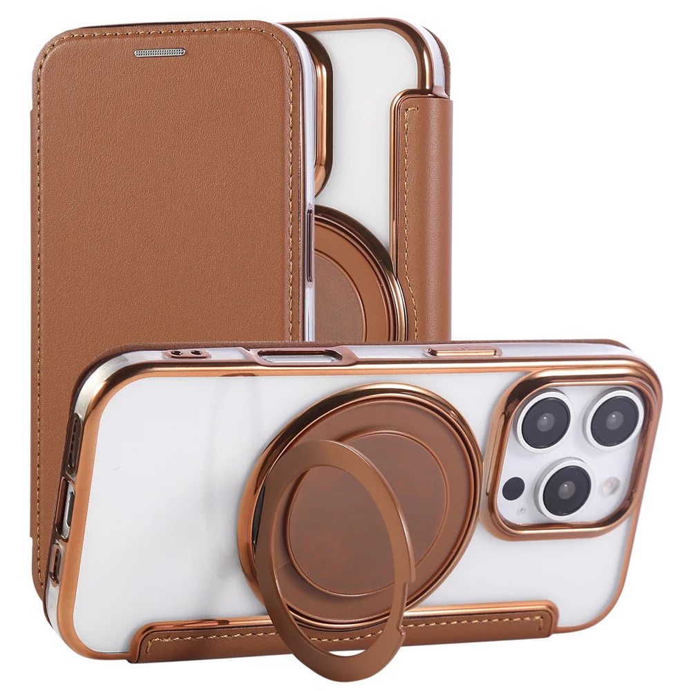 Funda de cuero con tapa y soporte plegable giratorio para iPhone 15, 16, 17 Pro Max, 16E, 14, 13, 12, funda transparente Magsafe - imagen 2
