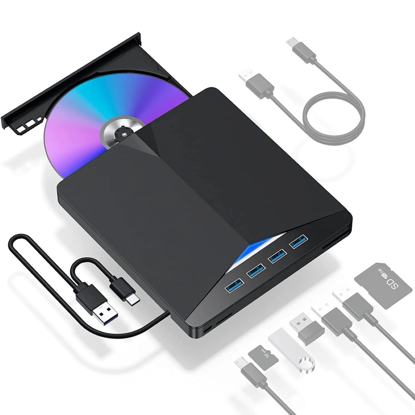 Unidad de CD y DVD externa USB 3,0 tipo C 7 en 1, lector de grabadora, unidad óptica externa para PC, portátil y de escritorio