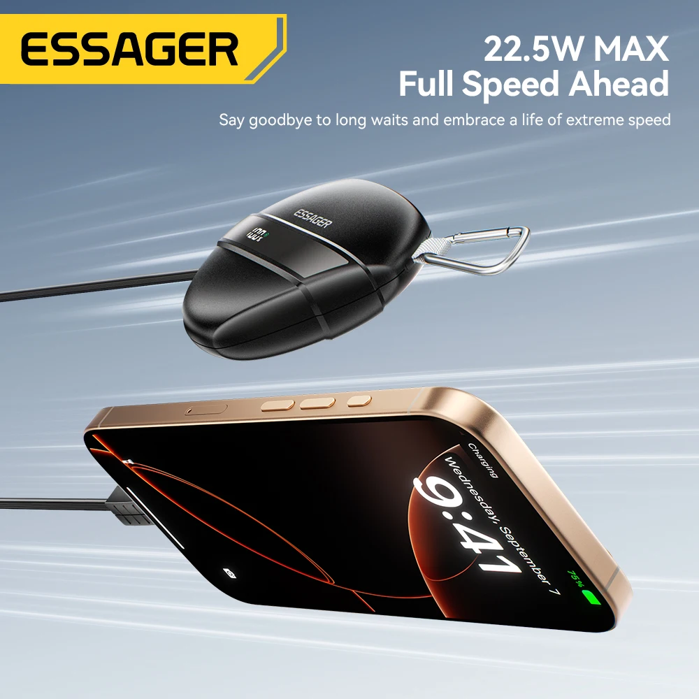 Essager 22,5 W banco de energía PD carga rápida 10000mAh Cable retráctil tipo C pantalla de porcentaje Digital para Huawei Xiaomi iPhone 16 - imagen 3