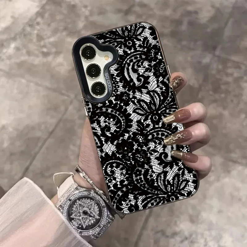 Funda de teléfono láser negra de encaje a la moda para Samsung Galaxy A16 A26 A25 A24 A36 A35 A56 A55 A54 S25 FE S24 Ultra S23 Plus S22 - imagen 2